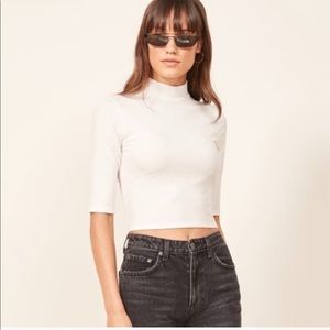 Reformation Tara Cropped White Ribbed Mockneck Top